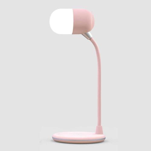 Lampe de bureau 3 en 1 avec chargeur sans fil Qi, haut-parleur Bluetooth 5 W, USB, lumière de chevet à intensité variable (rose)