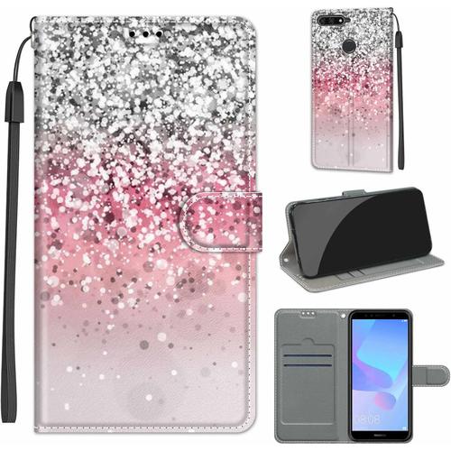 Coque Compatible Avec Huawei Y6 2018 / Honor 7a, Stockage De Carte [Fonction Stand] Antichoc Et Anti-Rayures Pu Case, Cuir Premium Flip Case Etui Mode Rétro - Poudre D'argent