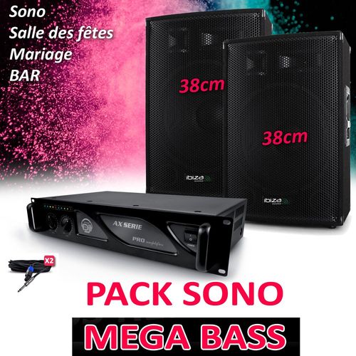 PACK PAIRE D'ENCEINTES SONO DJ CLUB PA DISCO15B Bass reflex 2 boomers de 38cm CLUSTER 1400W + Ampli PRO MyDj AX 3000W