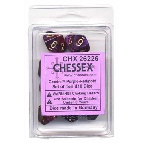 Chessex Dice Sets Gemini Purple & Red With Gold - Ten Sided Die D10 Set (10)