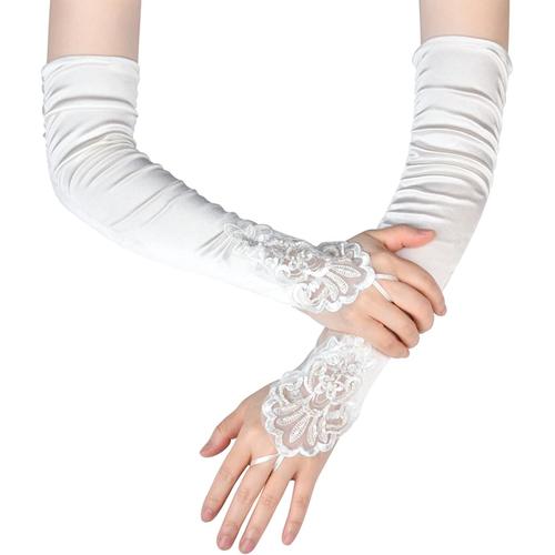 1 Paire Gants Longs en Satin pour Femme, Gants de Soirée Noir, Gants Longs en Dentelle Perle,Gants d'Opéra Gants Femme pour Mariage, Soirée Dansante, Fête et Halloween