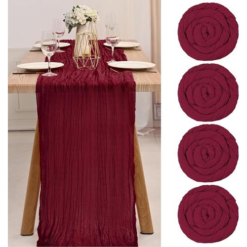 Lot De 4 Chemins De Table En Étamine Bourgogne, Nappe En Gaze Semi-Transparente 13 Pieds Décorations Rustiques Pour Fournitures De Fête De Mariage De Cuisine (Bourgogne, 400cm)