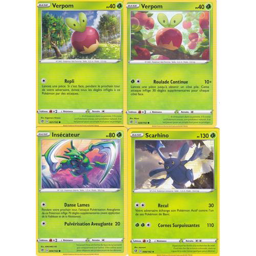 4 Cartes Pokemon - Verpom 021/192 - Verpom 020/192 - Insecateur 004/192 - Scarhino 006/192 - Épée Et Bouclier 2 Clash Des Rebelles