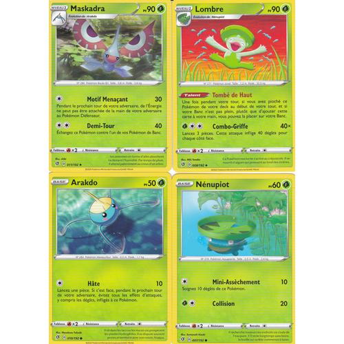 4 Cartes Pokemon - Maskadra 011/192 - Lombre 008/192 - Arakdo 010/192 - Nénupiot 007/192 - Épée Et Bouclier 2 Clash Des Rebelles