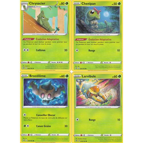 4 Cartes Pokemon - Chrysacier 022/192 - Chenipan 001/192 - Larvibule 016/192 - Brocelome 014/192 - Épée Et Bouclier 2 Clash Des Rebelles