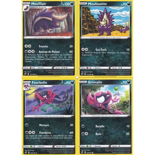 4 Cartes Pokemon - Moufflair 115/192 - Moufouette 114/192 - Fourbelin 124/192 - Grimalin 123/192 - Épée Et Bouclier 2 Clash Des Rebelles