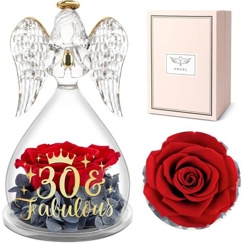 Rose Eternelle Cadeau Anniversaire Femme,Fleurs Préservées sous Ange Figurine,Idée Cadeau Anniversaire 30 Ans, 30 Fabulous,Cadeau Femme Noël, Cadeau Maman,Rose Eternelle Ange en Verre