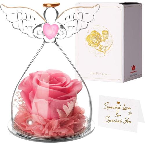 Rose Éternelle Angel, Cadeau Fete des Meres, Rose Eternelle sous Cloche, Idee Original Cadeau pour Femme Maman, Anniversaire, Mariage, Fête des Mères, Cadeau Saint Valentin (Rose)