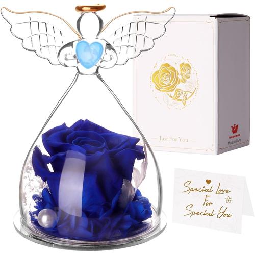 Rose Éternelle Angel, Cadeau Fete des Meres, Rose Eternelle sous Cloche, Idee Cadeau pour Femme Maman, Anniversaire, Mariage, Fête des Mères, Cadeau Fete des Meres Original (Bleu)