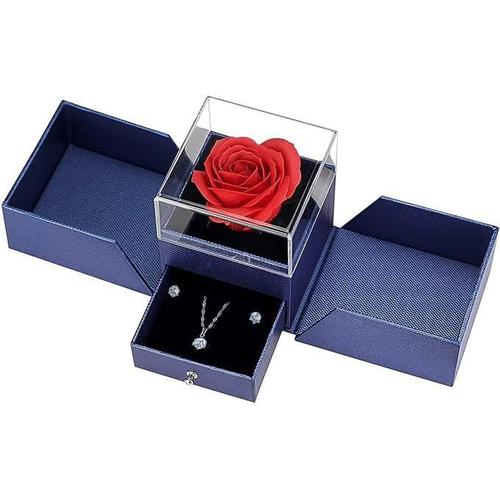 Parure de Roses éternelles, Boite Cadeau avec Fleurs artificielles avec Boucles d'oreilles et Collier, Cadeau Romantique pour la Saint-Valentin, Anniversaire, fête des mères, Noël