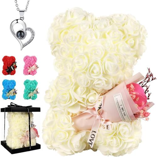 Cadeau Saint Valentin Femme Ours Rose, Ours en Peluche Mignon, Ours à Fleurs, Nounours Rose Eternelle Saint-Valentin,Cadeau d'anniversaire Cadeaux pour Femmes(Blanc)