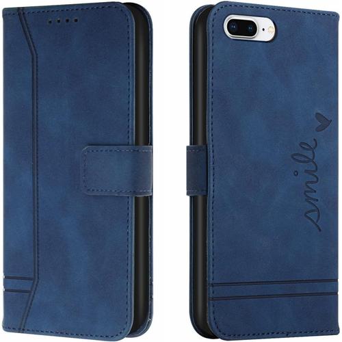 Etui Coque Pour Iphone 7 Plus / 8 Plus, Couverture À Rabat De Couleur Unie Design Classique Avec Fentes Cartes, [Antichoc Bumper] Impression De Coeur Portefeuille Case - Bleu