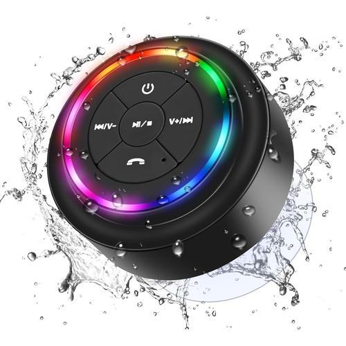 Enceinte Douche Bluetooth Étanche, Haut-Parleur Bluetooth sans Fil Étanche IPX7 Enceinte Portable avec Ventouse Lumière LED Haut Parleur pour Salle de Bain, Piscine, Camping, Extérieur