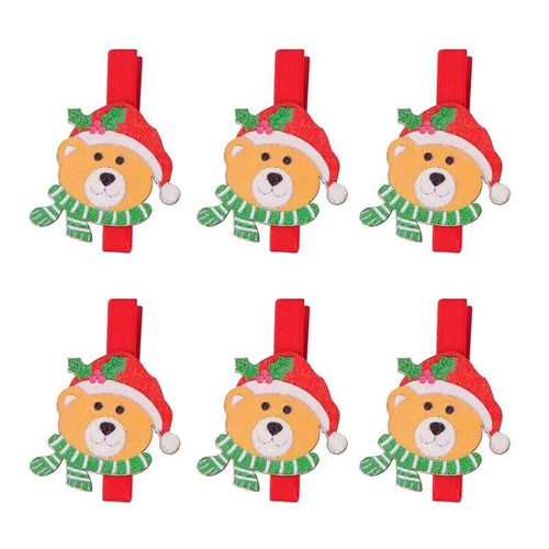 6 Pièces Conception D'ours Clips En Bois Belle Pinces De Noël Chevilles Note Mémo Carte Décor Message Bricolage Porte-Carte Postale Pince Photo Pour Artisanat