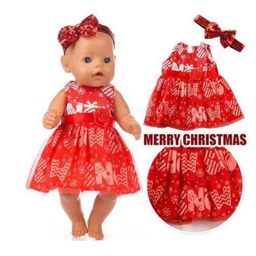 Robe Poupée Rouge Paillettes + Bandeau Cheveux Combinaison Bébé Enfant Fille 43 Cm Été Costume Jouet Nouveau-Né Vêtement Habit Sans Manches Ceinture Rose Noël Jupon Voile
