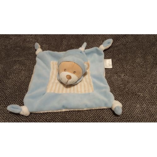 Doudou Plat Carré Mes Petits Cailloux Cmp Ours Bleu Beige Bonnet Rayure Noeud