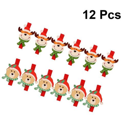 12 Pièces Mignon Noël En Bois Clips Carte Papier Porte-Photo Dessin Animé Photo Clips Pour La Maison Chambre (Motif Ours + Motif De Cerf)