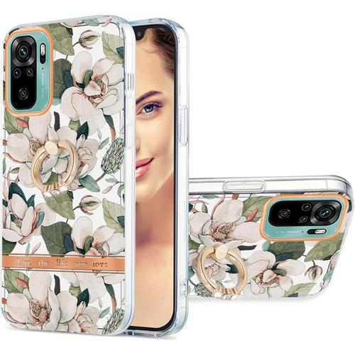 Coque pour Xiaomi Redmi Note 10 4G / Xiaomi Redmi Note 10S Étui Coque Silicone Fleur Motif Souple TPU Case Mince Doux Couleur Housse Antichoc Etui avec Anneau Bague Ring Support,Vert Blanc