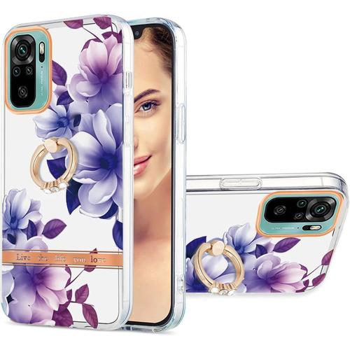 Coque pour Xiaomi Redmi Note 10 4G / Xiaomi Redmi Note 10S Étui Coque Silicone Fleur Motif Souple TPU Case Mince Doux Couleur Housse Antichoc Etui avec Anneau Bague Ring Support,Violet