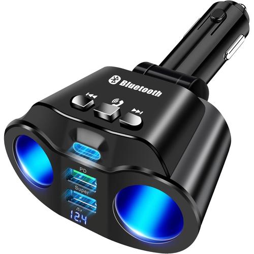 Chargeur Allume Cigare 2 Usb 1pd Prise Chargeur De Voiture Adaptateur Répartiteur 12v/24v Avec Bluetooth 5.0 Et Affichage Led De Voltage,Allume Cigare Pour Gps/Dash Cam/Téléphone/Caméra