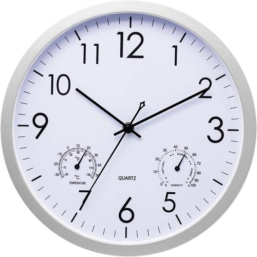 Horloge Murale Radio-pilotée, avec Thermomètre et Hygromètre, Cadre en Acier Inoxydable, Horloge Murale Design Moderne, Pendule Murale Aluminium pour Salon/Cuisine/Bureau, Blanc