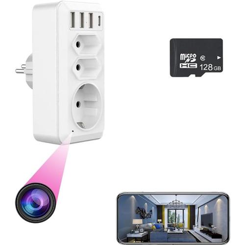 Caméra cachée, Prise UE avec 3 Interface USB et Port de Type C, Adaptateur HD WiFi UE avec Vision Nocturne et Fonction de visualisation à Distance, Surveillance pour la sécurité intérieure