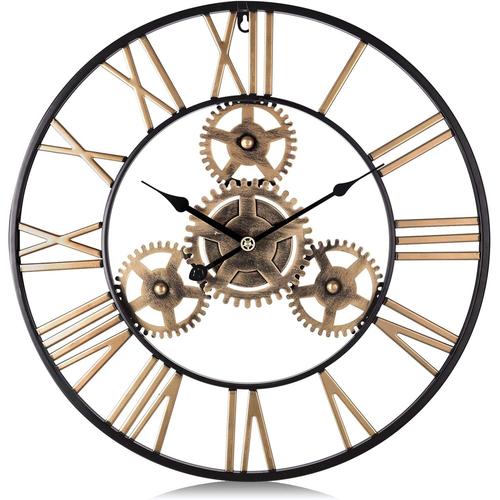 Horloge Murale Engrenages Or Geante Métal Industrielle 57cm Pendule Murale Quartz Chiffres Romains Silencieuse pour Salon Bar Restaurant