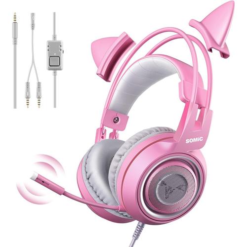 G951s Casque De Jeu Rose Avec Ajustement Du Volume Du Micro Pour Xbox One, Ps4, Pc, Casque Amovible Pour Oreille De Chat Pour Fille Femme, Avec Prise De 3,5 Mm