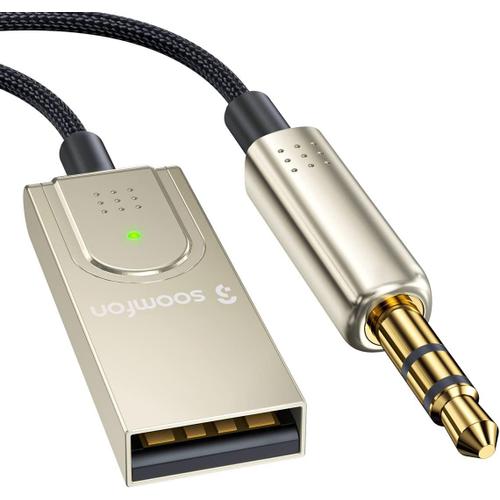Récepteur Bluetooth 5.1 Voiture - Prise Jack 3,5mm USB Adaptateur Audio sans Fil Bluetooth avec Microphone intégré, Faible Latence, Plug et Play pour la Voiture, Diffusion de Musique (Argent)