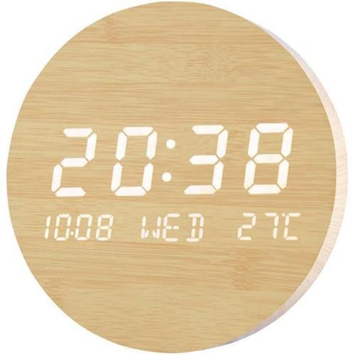 Horloge Murales Numérique à LED avec Afficher la Date et la Température, Horloge Silencieuse en Bois pour Chambre, Cuisine, Bureau