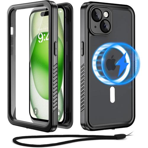 Pour Coque Iphone 15 Plus Étanche Avec Magsafe-Ip68 Waterproof Antichoc Chantier Protection-360 Intégrale Militaire Incassable Étui Iphone 15 Plus (6,7"") [Avec Protection Écran+Camera]-Noir