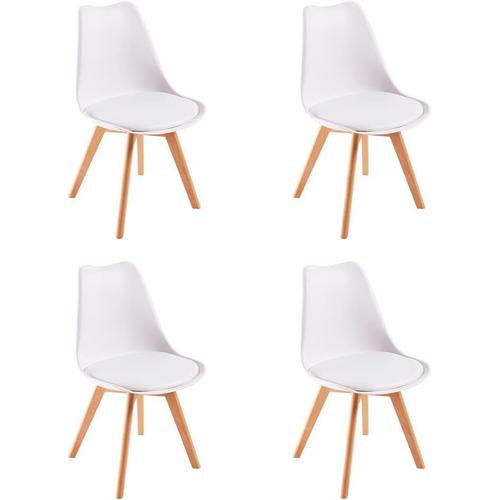 Chaises De Salle À Manger Scandinaves, Bureau Et De Salon, Rétro Bois De Hêtre Massif,Pour Chambre, Cuisine, Blanc (White, Lot De 4)