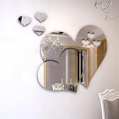 Miroir Stickers Muraux, Cristal 3D Double Amour Coeur Acrylique DIY Art Stickers Muraux Maison Salon Salle De Bain TV Fond Décor, 10 Pcs / 2 Ensemble (Argent)