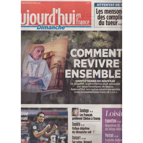 Aujourd'hui (Quotidien) / 02-10-2016 N°5435 : Isabelle Aubret (1p) - Edinson Cavani (1p)
