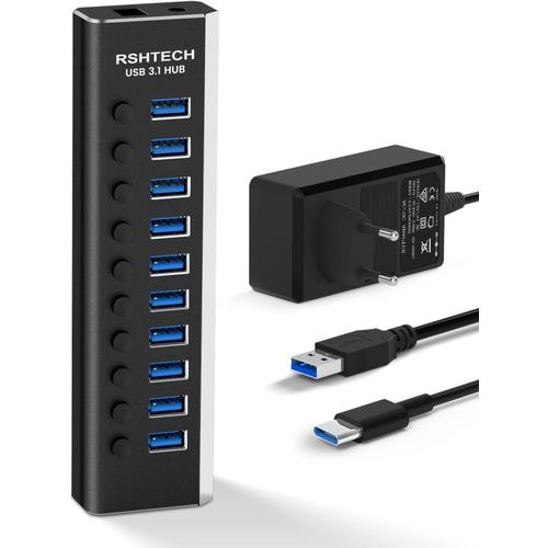 Hub USB 3.0 à 10 Ports Aluminium, Hub USB 3.1 Alimenté Transfert 10Gbps, Equipé d'un Adaptateur Secteur 12V/3A, Interrupteur Indépendant et Câble de données * 2 (Type A et Type C). RSH-A10S