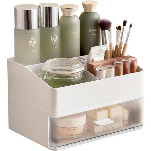 Rangement Maquillage Skincare Organisateur avec Tiroir, Organisateur de Maquillage Pour Coiffeuse, Multifonctionnel rangement makeup, Chambre à Coucher, Makeup Organizers, Blanc