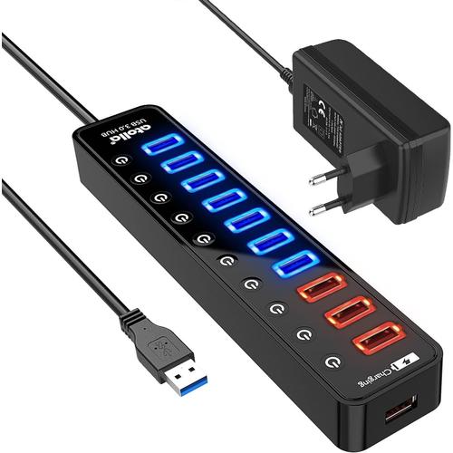 Hub USB 3.0 Multiprise 11 Ports, USB 7-Ports Transfert de données 5Gbps + 4-Ports Charge Intelligente avec des commutateurs et des LEDs d'alimentation individuels et Adaptateur 12V/4A