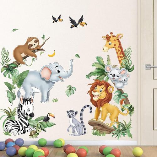 Stickers Muraux Animaux de la Jungle Porte Autocollant Mural Safari Éléphant Lion Girafe Décoration Murale Chambre Enfants Bébé Pépinière Porte