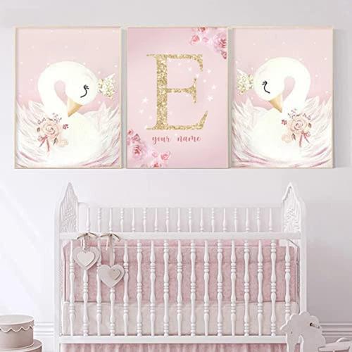 3 Affiches Prenom Personnalisé Bebe Tableau Chambre Fille Rose Fleur Cygne Poster Enfant Décoration Murale Toile Cadeau a3 sans Cadre