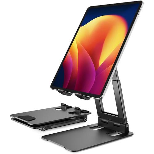 Support Tablette Bureau Pliable Et Réglable En Hauteur, Klearlook Robuste Aluminium Support Ipad, Compatible Ipad Stand Pour Ipad Pro 12,9, Air, Mini, Samsung Galaxy Tab, Kindle De 4"" À 13"" - Argent