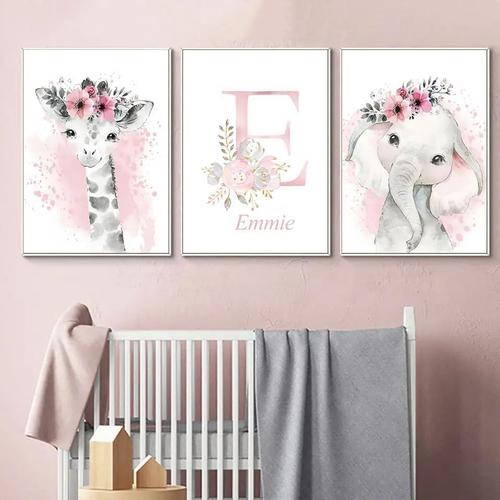 3 Affiche Prenom Bebe Fille Rose Fleur Cygne Poster Personnalisé Enfant Cadeau Toile Decoration Murale Chambre Tableau 30x40 sans Cadre