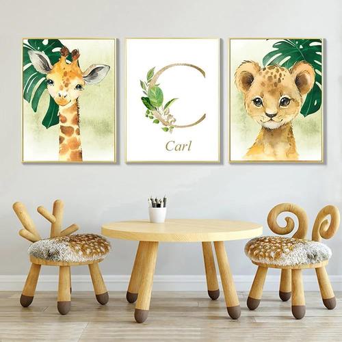 3 Affiches Personnalisée Enfant Animaux Poster Safari Lion Éléphant Girafe Tigre Zèbre Tableau Prenom Bebe Décoration Savane Chambre Garçon Fille Cadeau 30x40 cm sans Cadre