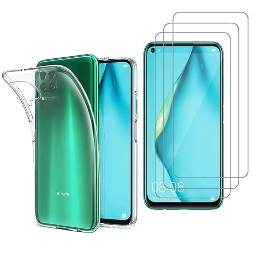 Coque Silicone Pour Huawei P40 Lite/ Nova 6 Se 6.4" Gel Ultraslim Et Ajustement Parfait - Transparent + 3 Films Verre Trempé - Transparent