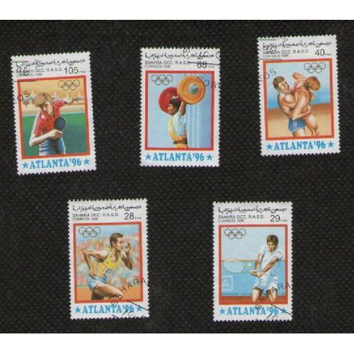 5 Timbres Sahara Occ. Jeux Olympiques Atlanta 96 - Ping-Pong , Haltérophilie , Tennis , Course À Pieds , Lutte