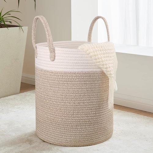 Panier a Linge Sale Tissé en Coton, 38L Corbeille a Linge avec Poignée, Boho Bac a Linge, Panier Rangement Jouet Bébé, Laundry Basket pour Buanderie Salle de Bain Chambre Salon, 35x40cm