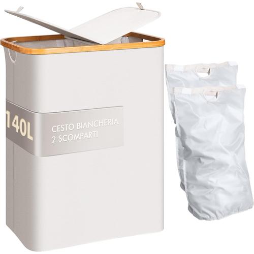 Panier à linge 3 compartiments, 150 l, bambou naturel, panier à linge extensible, peut être utilisé dans la cuisine, le salon, la salle de bain et d'autres endroits (140L Beige)