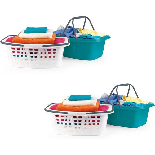 Beldray COMBO-2287 Lot de 4 paniers à linge portables avec poignées de transport, rangement de vêtements, panier à linge en plastique durable, capacité de 26 L, style solide/treillis, turquoise/blanc