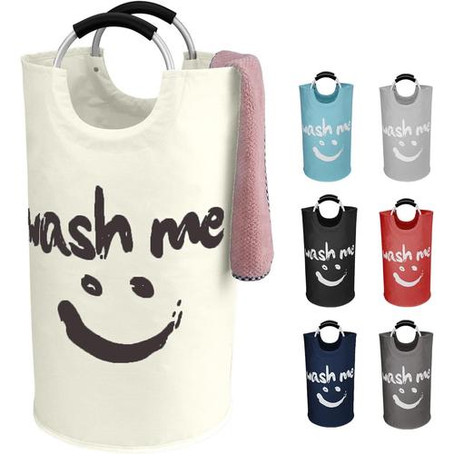 91L Panier a Linge Grande Capacité avec Poignées, Sac à Linge Faciles à Transporter - Panier Rangement Pliage Collecteur de Buanderie avec Smiley Face pour Vêtements Sales et Jouets (Beige)