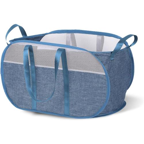 Sac à Linge Sale avec 4 Poignée, Panier à Linge Sale 65L Pliable, Rangement Bac Corbeille a Linge Pop Up, Sac Paniers Grande Capacité en Maille Filet Sac à Linge Bleu