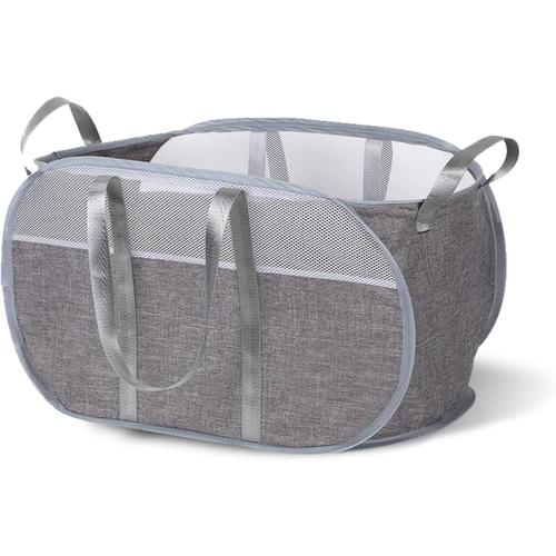 Rangement Bac Corbeille a Linge Pop Up, Panier à Linge Sale 65L Pliable, Sac à Linge Sale avec 4 Poignée, Sac Paniers Grande Capacité en Maille Filet Sac à Linge Gris